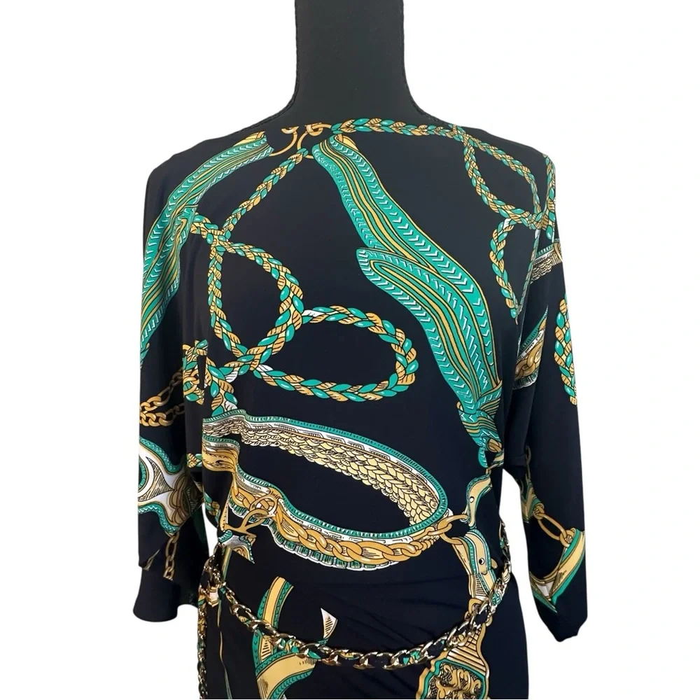 ✨Y2K Cache Dress with Green and Gold Chain Print Size M - Picture 5 of 13